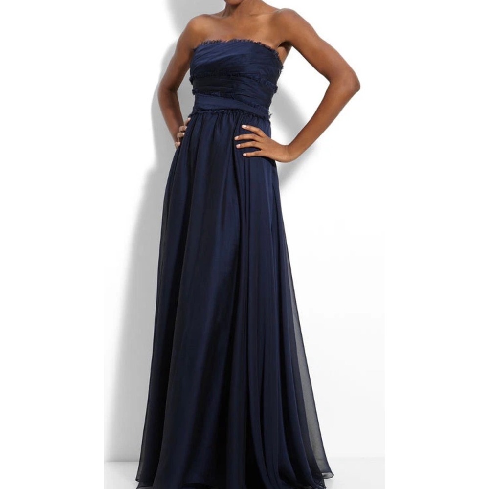 ML Monique Lhuillier Navy Chiffon Fringe Trim Strapless Maxi Bridesmaid Dress 14